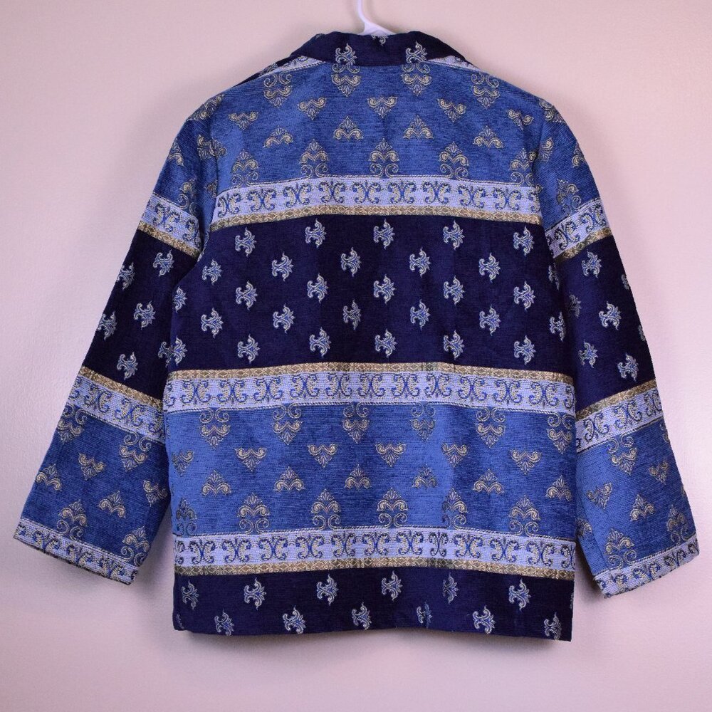 VINTAGE Sag Harbor Blue & Gold Tapestry Oversized Jacket Grandmacore - Size 10 - Picture 2 of 7